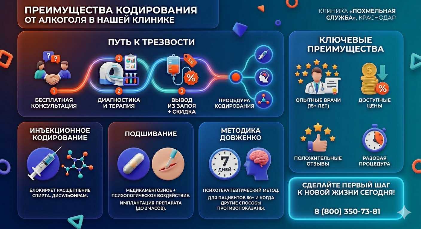 Инфографика о методах кодирования от алкоголя в Вятских Полянах: инъекции, подшивание, метод Довженко. Преимущества клиники и этапы лечения.