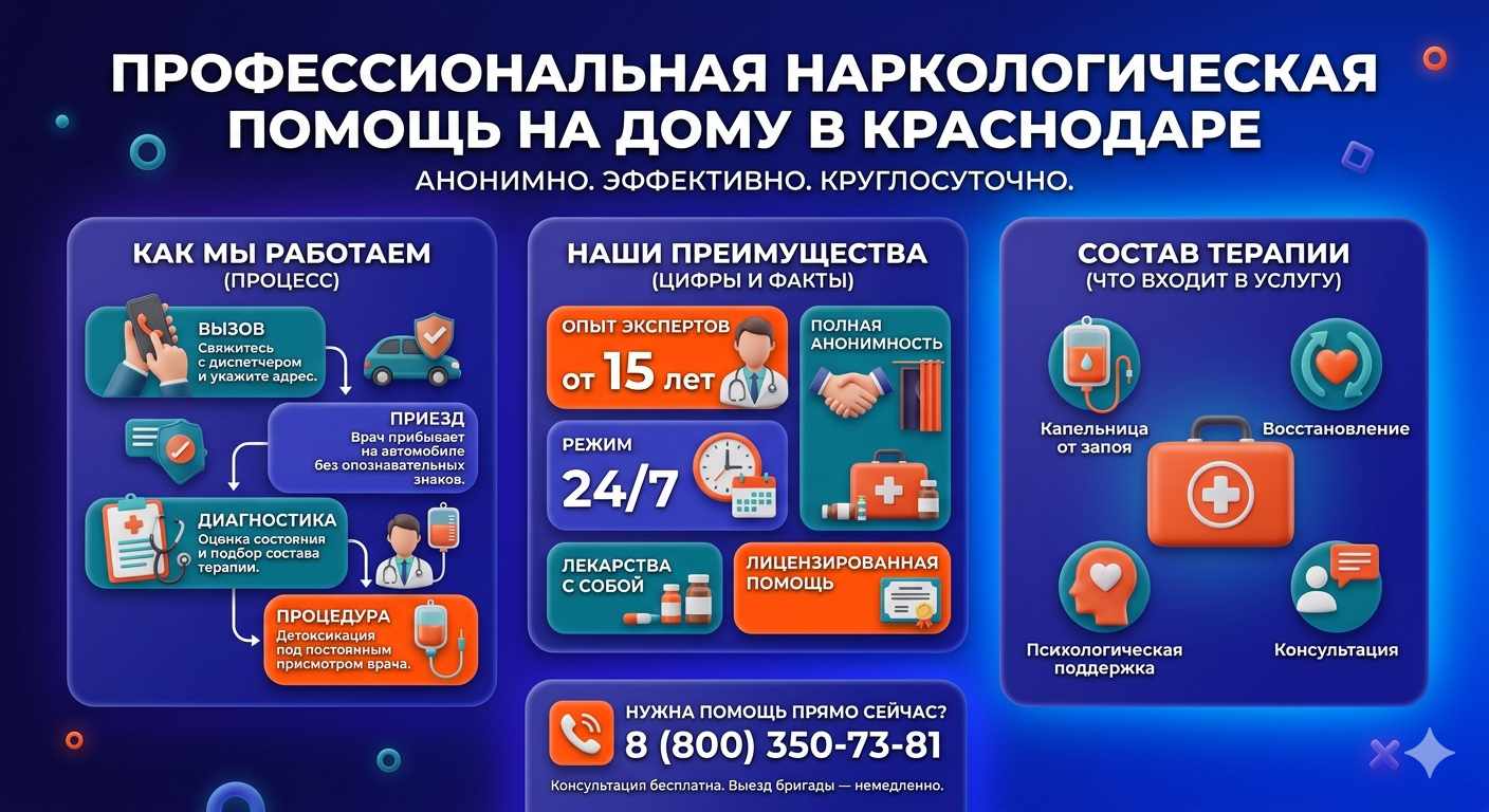 Инфографика о принципах лечения алкоголизма на дому в Вятских Полянах: этапы вызова нарколога, преимущества анонимной детоксикации и состав медицинской помощи.